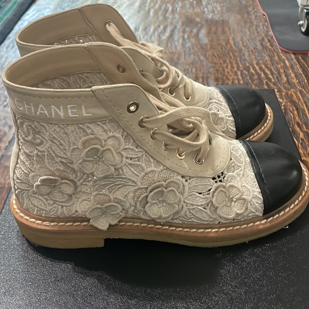 Chanel Beige/Black Lace Up Bootie